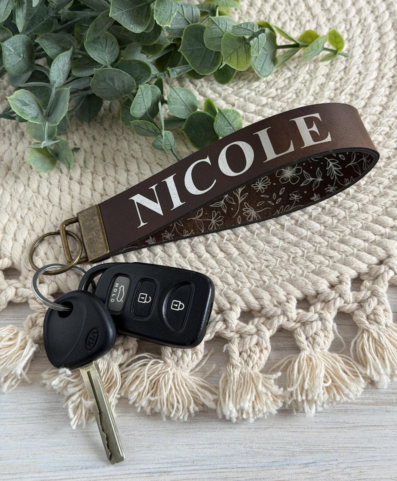 Custom Wristlet Keychain for Women | Personalized Name Key Chain | Engraved Leatherette Key Fob image 6