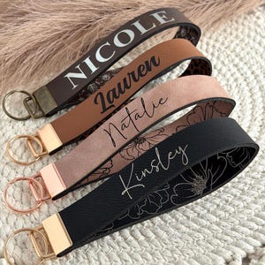 Custom Wristlet Keychain for Women | Personalized Name Key Chain | Engraved Leatherette Key Fob