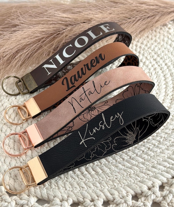 Custom Wristlet Keychain for Women | Personalized Name Key Chain | Engraved Leatherette Key Fob