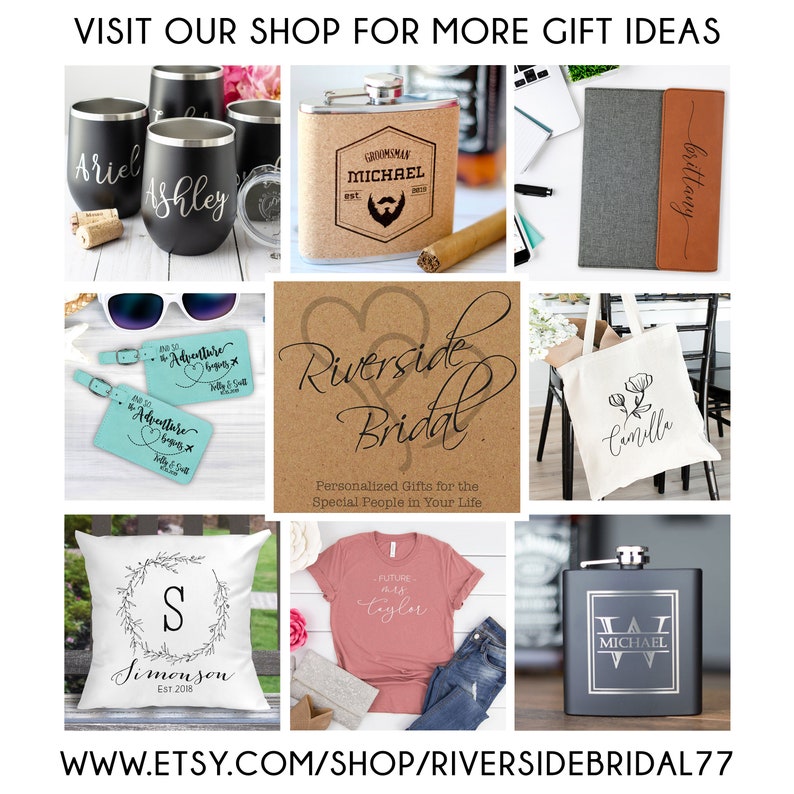 May include: A collage of personalized gifts for weddings and special occasions. The image features a variety of items, including tumblers, tote bags, t-shirts, luggage tags, pillows, and flasks. The items are all personalized with names, initials, and dates. The image also includes the text "Riverside Bridal" and "Personalized Gifts for the Special People in Your Life".
