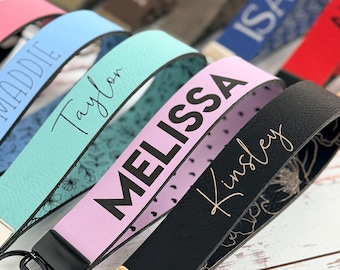 Custom Wristlet Keychain for Women | Personalized Name Key Chain | Engraved Faux Leather Key Fob