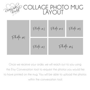 May include: A collage photo mug layout with six photo spaces. The layout is in a grid format with three rows and two columns. The text "Photo #1" through "Photo #6" is written in each space.