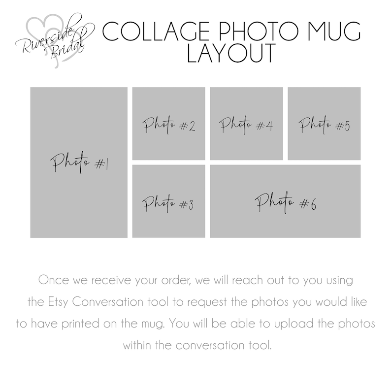 May include: A collage photo mug layout with six photo spaces. The layout is in a grid format with three rows and two columns. The text "Photo #1" through "Photo #6" is written in each space.