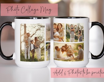 May include: Two white ceramic mugs with black handles and rims, featuring a custom photo collage layout. The mugs display six distinct family photographs printed on the exterior surface. Text on the image reads Photo Collage Mug and Add 6 Photos to be printed.