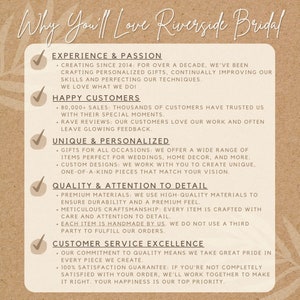 May include: A checklist of reasons why you might love Riverside Bridal. The list includes experience and passion, happy customers, unique and personalised gifts, quality and attention to detail, and customer service excellence.