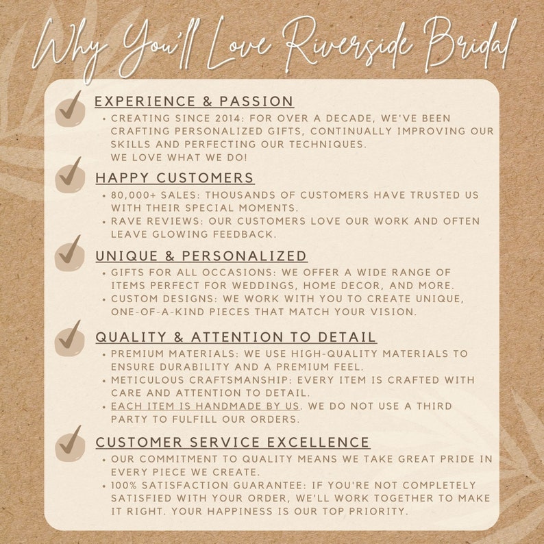 May include: A checklist of reasons why you might love Riverside Bridal. The list includes experience and passion, happy customers, unique and personalised gifts, quality and attention to detail, and customer service excellence.