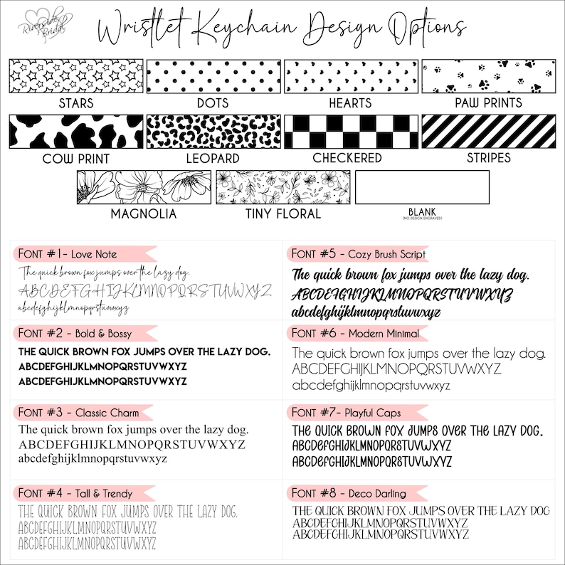 May include: A design options chart for wristlet keychains. The top row features patterns like stars, dots, hearts, and paw prints. The bottom row includes cow print, leopard, checkered, and stripes. Also shown are font styles with sample text.