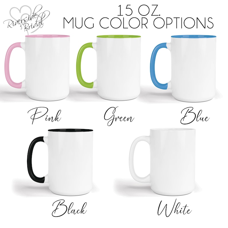 May include: Five 15 oz. white ceramic mugs with different coloured rims and handles. The mugs are arranged in a row, with the colours pink, green, blue, black, and white.