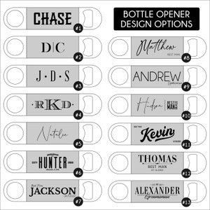 Puede incluir: Una colecci&oacute;n de abridores de botellas personalizados con varios nombres e iniciales en fuente negra sobre un fondo plateado. El texto "Bottle Opener Design Options" est&aacute; en la parte superior. Cada abridor tiene un dise&ntilde;o diferente, incluyendo nombres como "Chase" y "Thomas".