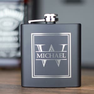 Matte Black Flask, Personalized Flask, Groomsmen Gift, Flask, Groomsmen Flask, Engraved Flask, Custom flask, Hip flask, 6oz flask, Groomsman image 1