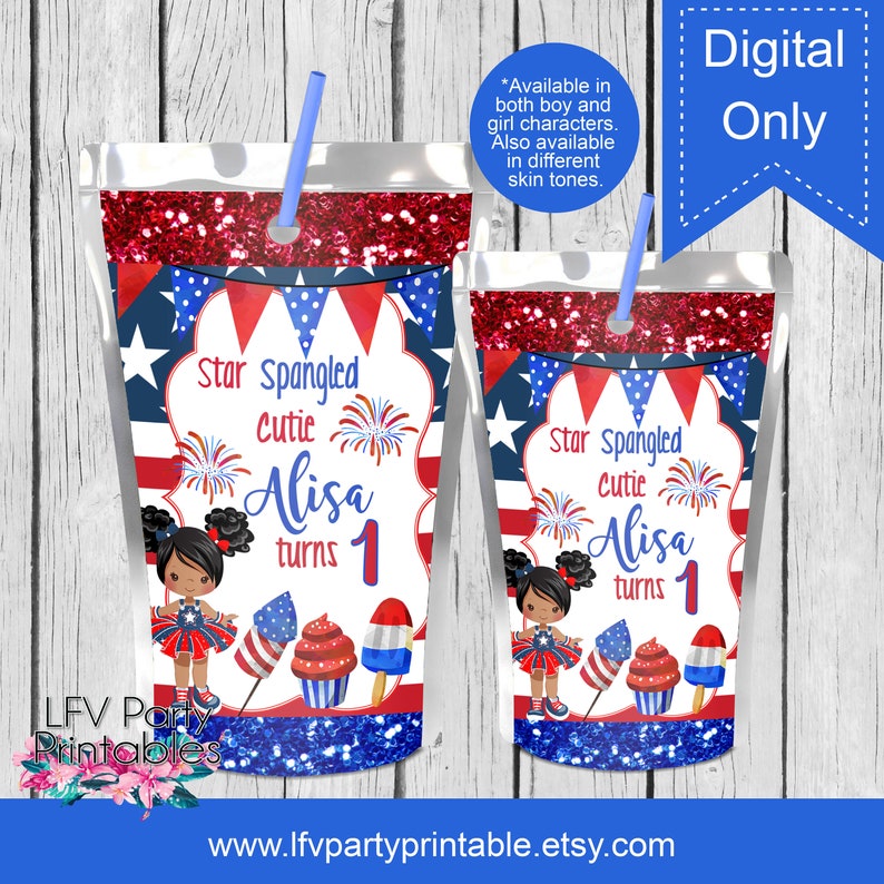 July 4th Birthday Party -Party Bubbles July 4th Juice Labels- 4th of July Red White and Blue Digital -Printable Capri Sun