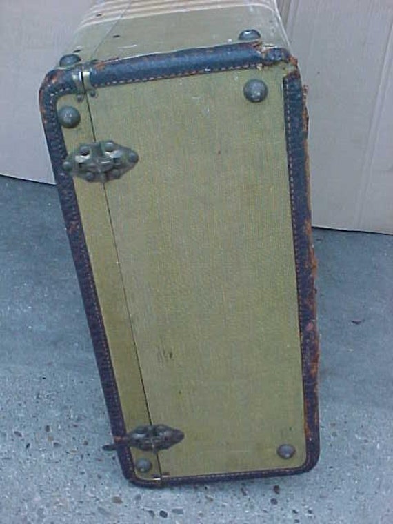 antique extra large striped tweed suitcase luggag… - image 10