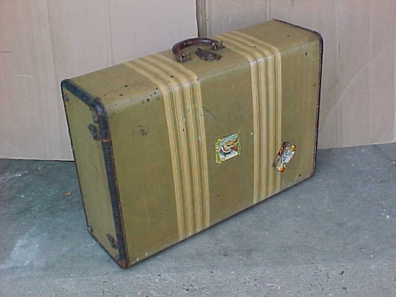 antique extra large striped tweed suitcase luggag… - image 1