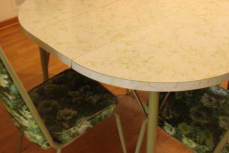 Vintage Round Formica Kitchen Dining Room Table And Four Green Flower Chairs Mid Century Modern