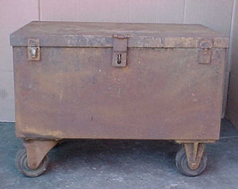antique metal chest trunk strong box steam punk industrial trunk payroll box