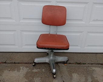 vintage heavy duty mid century modern industrial adjustable office chair desk chair machine age chair salmon color made by cramer ind.