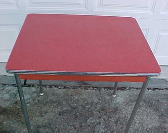 vintage mid century modern red with chrome legs formica kitchen table farmhouse,country style home decor apartment size.