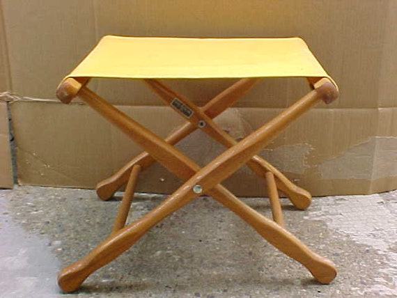 Vintage Gold Fabric Folding Wood and Canvas Camping Stool Chair