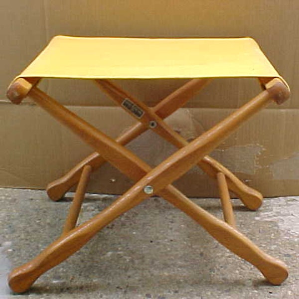 vintage gold fabric folding wood and canvas camping stool chair made in the u.s.a. rv camper lake house cabin fishing stool