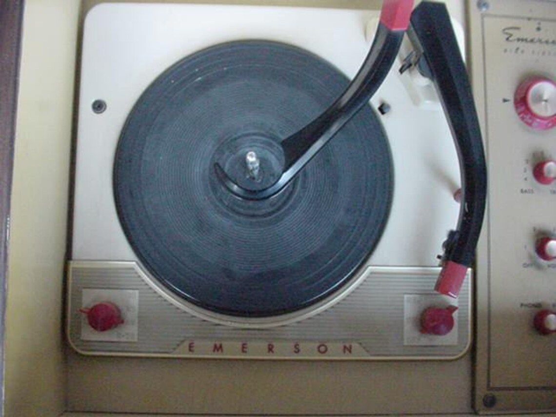 Emerson Vintage Record Player Console With Am Radio 1950's Plays 78's 45's 33's and 16