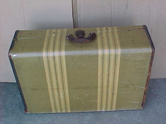 antique extra large striped tweed suitcase luggag… - image 2