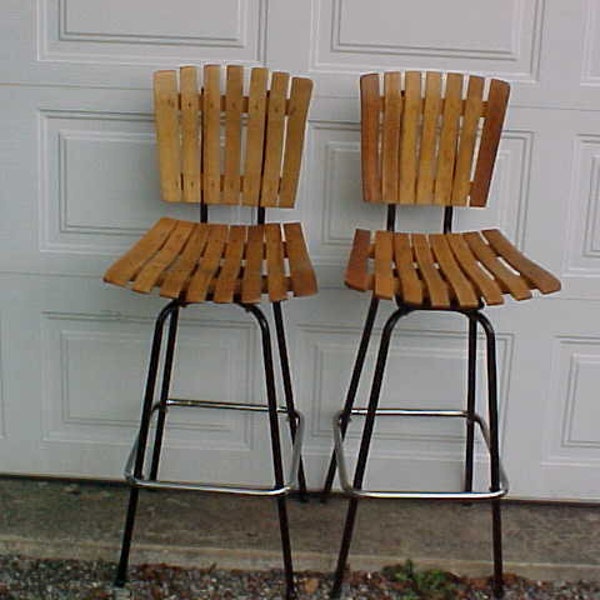 vintage mid century arthur umanoff style pair of wood slat bar stools tiki modern swivel bar stools counter stools
