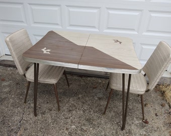 vintage 1960'  diner style formica kitchen table and two chairs mid century modern dining table movie prop.