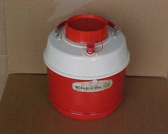 vintage thermex poloron insulated picnic water jug cooler 1 gal size  1950's rv camper display car cruise display metal red and white