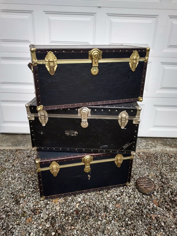 Vintage Black Trunks Luggage Gold and Silver Colored Hardware 