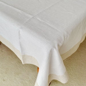 Pure Linen Tablecloth  White with Natural Grey Linen Frame Border Decor Napkins Shabby Chic Cottage Decor #makeforgood