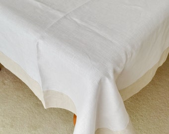 Pure Linen Tablecloth  White with Natural Grey Linen Frame Border Decor Napkins Shabby Chic Cottage Decor #makeforgood