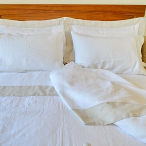 Queen/King Size Bed Sheet Set,  Flat Sheet and Pillowcases Natural Grey Hem 14 cm Shabby Chic Decor Wedding/Christmas Gift White