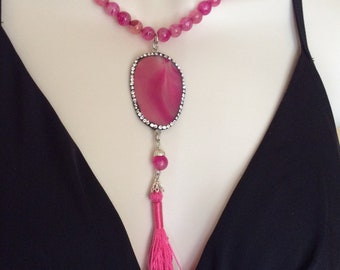 Quartz necklace, tasseled necklace, magenta quartz, Sterling Silver spacers