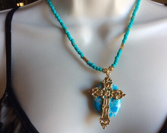 Turquoise necklace, gold necklace,cross pendant