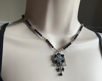 Black necklace, beaded necklace, pendant necklace, victorian necklace , Sterling silver clasp