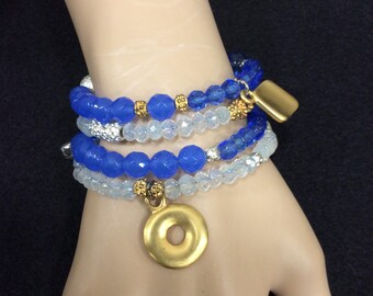 Beaded bracelet, blue bracelet, gold charm bracelet