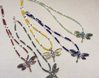 Dragonfly necklace, dragonfly pendant, glass beads necklace, necklace, black, blue,  yellow, green, gray dragonfly necklace