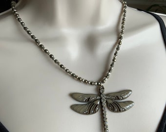 Gray dragonfly, diver necklace, dragonfly pendant necklace