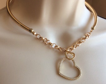 Heart pendant necklace , golden heart necklace, chain necklace, rhinestone pendant