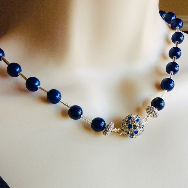 Lapis necklace, rhinestone magnetic clasp, blue necklace, trendy necklace, Victorian necklace