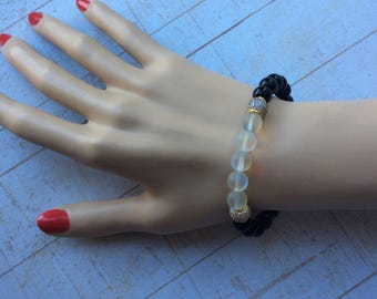 Onyx black, moon stone, gold rhinestone beads bracelet, stretch bracelet,