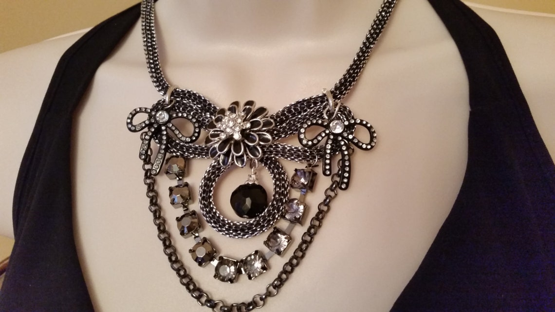 Bib Necklace/ Victorian Black and Silver Necklace/ribbon - Etsy Canada