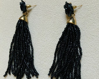 Black beaded earrings, tassel earrings, bead seeds earrings