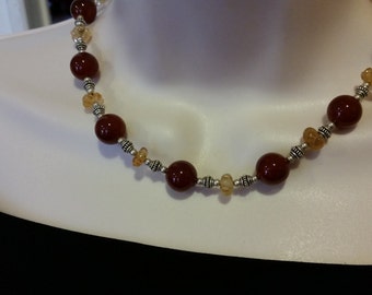 16" necklace made with red Agate, yellow Citrine and Sterling Silver spacers and clasp/ South western/ gift/ prom