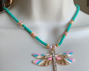 Dragonfly pendant necklace, rainbow dragonfly, turquoise necklace, freshwater pearl necklace, victorian necklace, lucky necklace