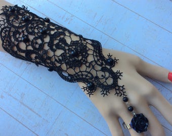 Black lace bracelet, black rose ring, Gothic bracelet, Victorian bracelet, sexy bracelet