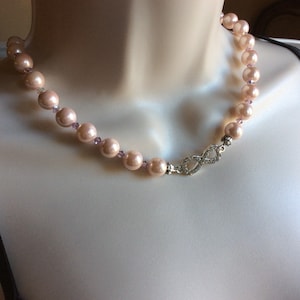 Peach glass pearl necklace, peach freshwater pearls necklace, 8 millimeter glass pearls, rhinestone necklace, spring color necklace