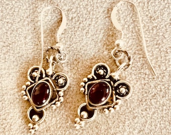 Handmade Sterling Silver Garnet Dangle Earrings, Gothic Victorian Style