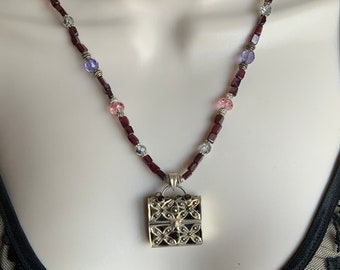 Key and locker pendant, Sterling silver pendant, garnet necklace, rose crystal necklace, Sterling silver necklace