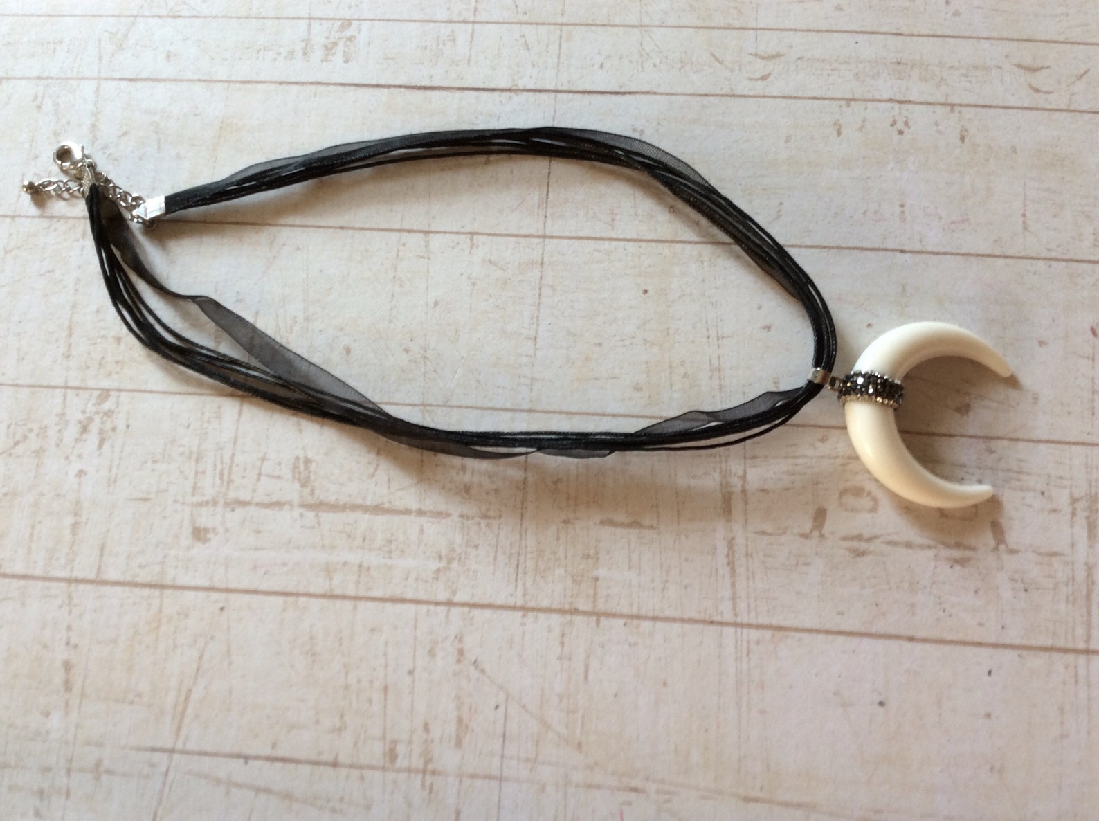 Horns necklace. Black and white necklace ribbons necklace Etsy